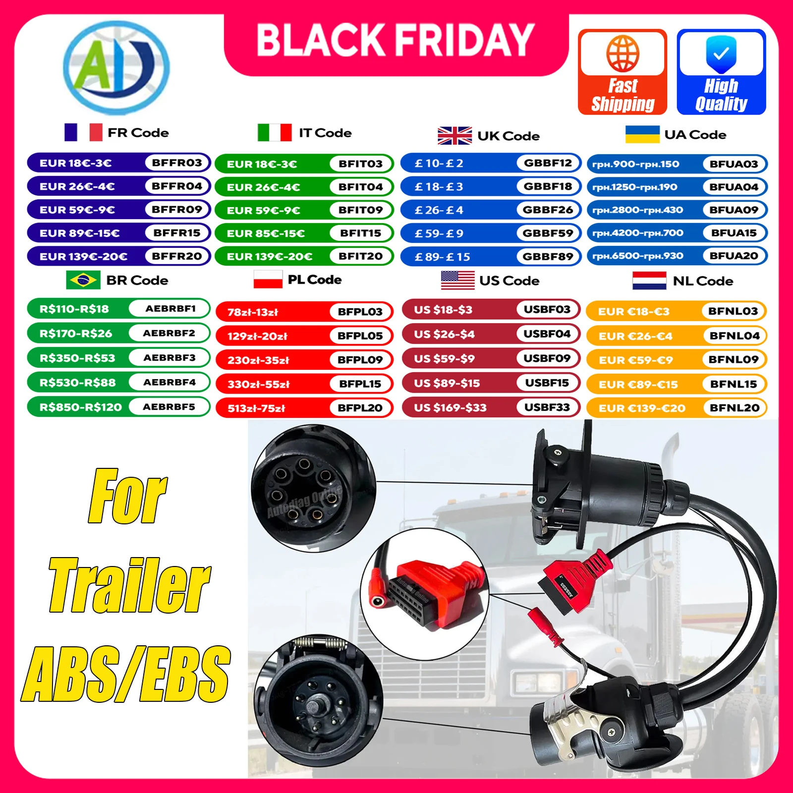 EBS/ABS Adapter For Trailer ISO 7638 OBD Diagnostic Adapter for Bosch/Wabco Truck Diagnostic Cable for Autel/Autocom/LUANCH Scan