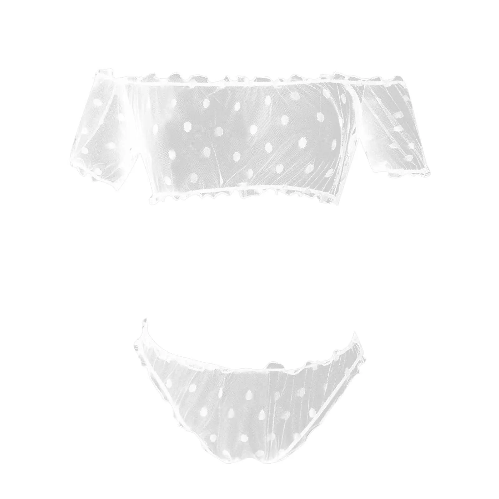 Women'S Sexy Lingerie Wrap Chest Off Shoulder Wave Dot Mesh Sleepwear Ultra-Thin Transparent Fun Underwear Set Baby Doll 여성이벤트속옷