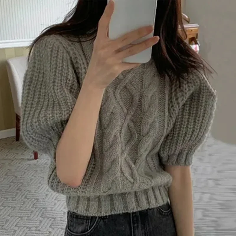 Mode Puff ärmel solide Pullover Crop Top Sommer Herbst Frauen Strick pullover elegante lose Revers gestrickt Pullover grau Tops