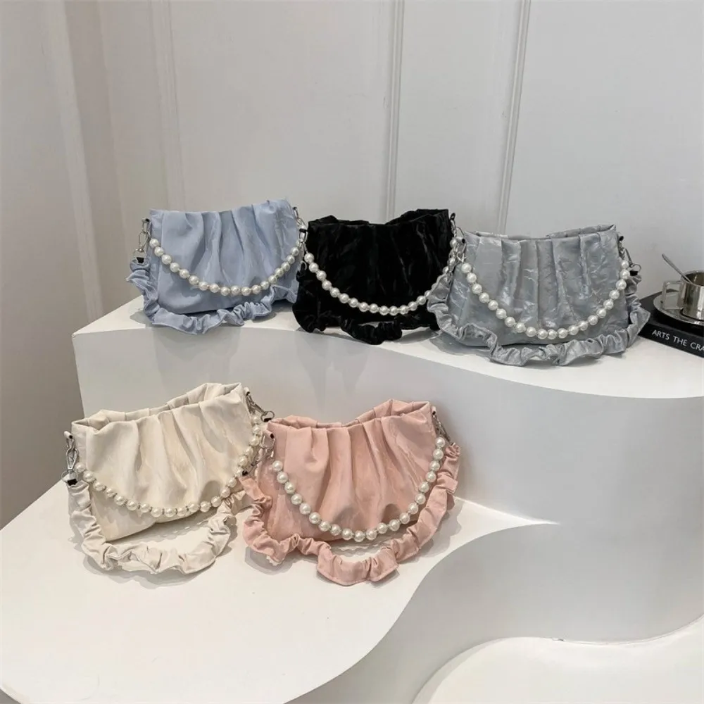 Elegant New Design Beaded Chain Handbag Beaded Chain Pleated Style Messenger Bag PU Leather Shoulder Bag Casual Outing