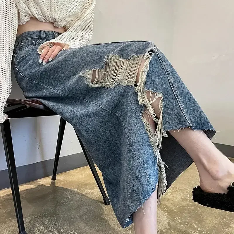 Jupe en jean femme bleue déchiré taille haute Vintage V élégant pas cher Premium Style coréen été 2025 mode jupes en jean pour les femmes