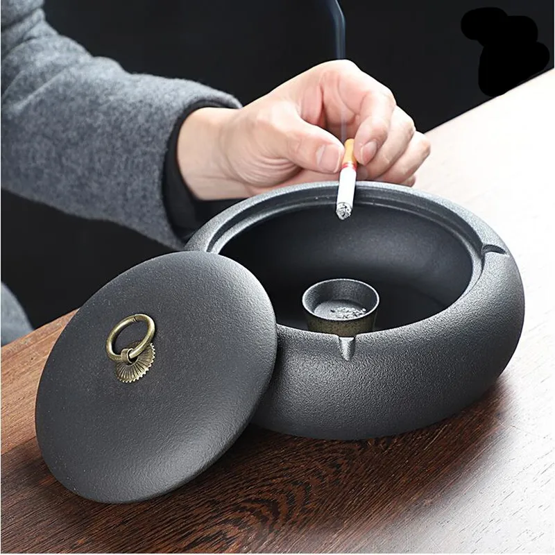 Black Ceramic Ashtray Creative Personality Fashion Windproof Large Living Room Home Office European Style Ashtray