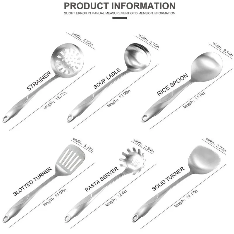 6/7個台所用品、304ステンレス鋼の調理ツールセット-ターナースープ取鍋スプーンパスタサーバーストレーナー、台所用品