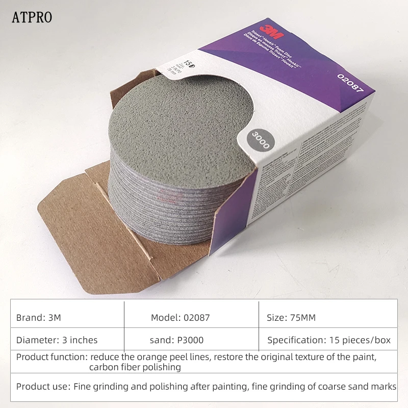 3M 02087 Trizact Foam Disc Back Flocking Sponge Dry Grinding Sandpaper Car Paint Repair 3000 Mesh Grit 75MM 3Inch Abrasive