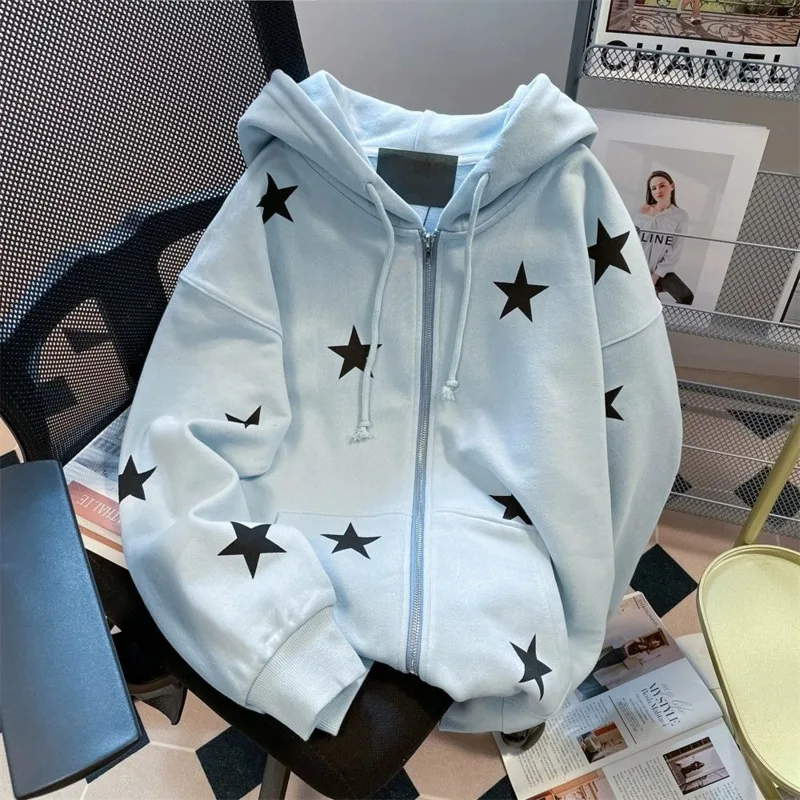 

Y2k Stars Print Hoodies Women Autumn American Hip pop Oversize Hooded Zippered Cardigan Fashion Long Sleeve Top Outwear Clothes