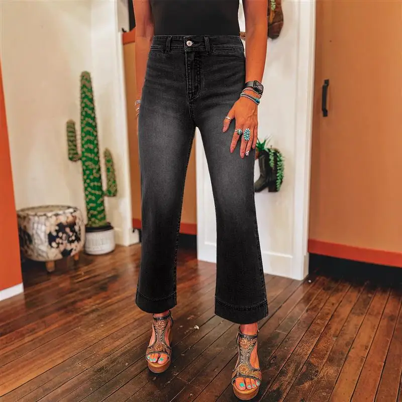 

Casual adient Women's Jeans Mid-Waist Flared kets Nine-Piece Pants Cotton l Waist Elastic Bla Color