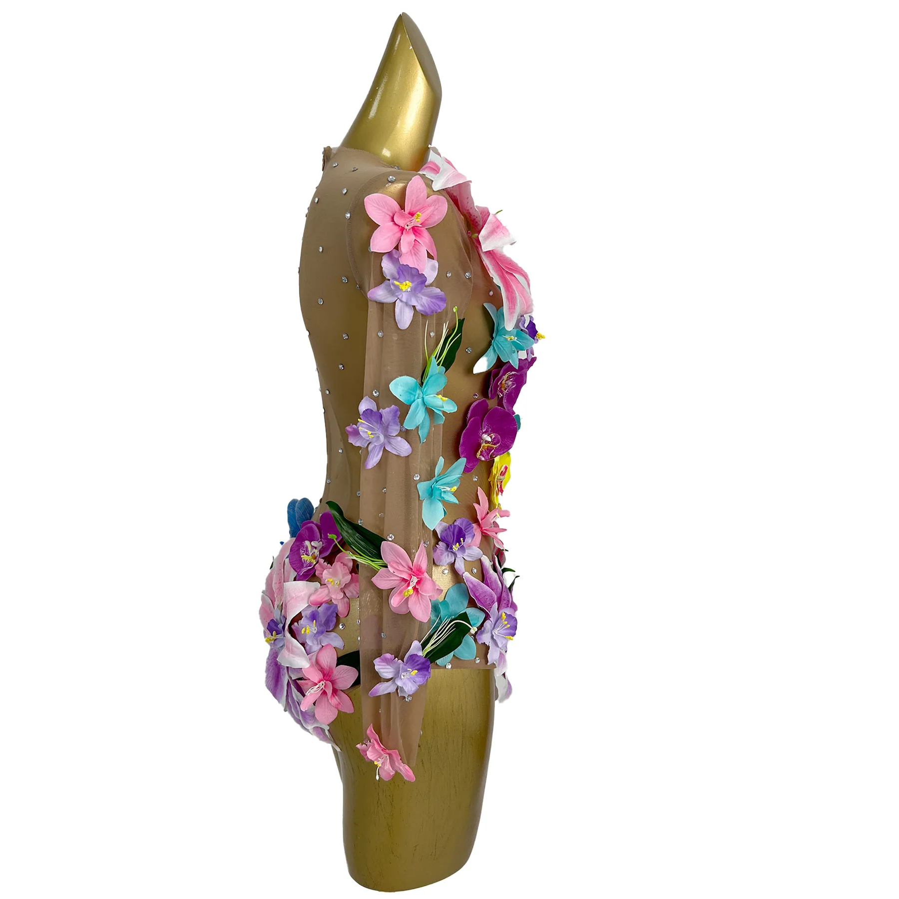 Huaduo Sexy Perspective Jumpsuit Colorful 3D Flower Rhinestone Tight Shorts Bar Dancer Performance Outfit Themed Party Dress