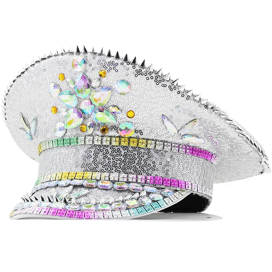 

European And American Party Rhinestone Bridal Hat Silver Sequined Large Brim Hat Alphabet Party Hat Holiday Big Cap