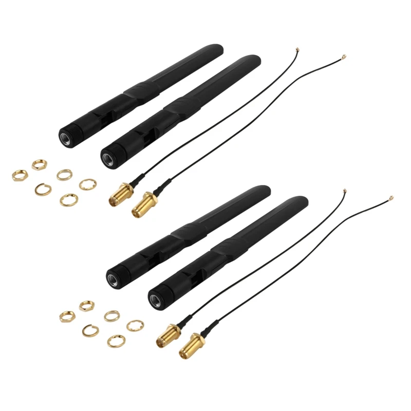 Dual Band Wifi 2.4Ghz 5Ghz 5.8Ghz 8Dbi RP-SMA Male Antenna & 20Cm 8 Inch U.FL MHF4 To RP-SMA Female Pigtail Cable 4-Pack