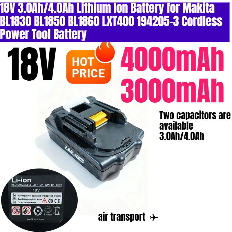 

18V 3.0Ah/4.0Ah Lithium Ion Battery for Makita BL1830 BL1850 BL1860 LXT400 194205-3 Cordless Power Tool Battery