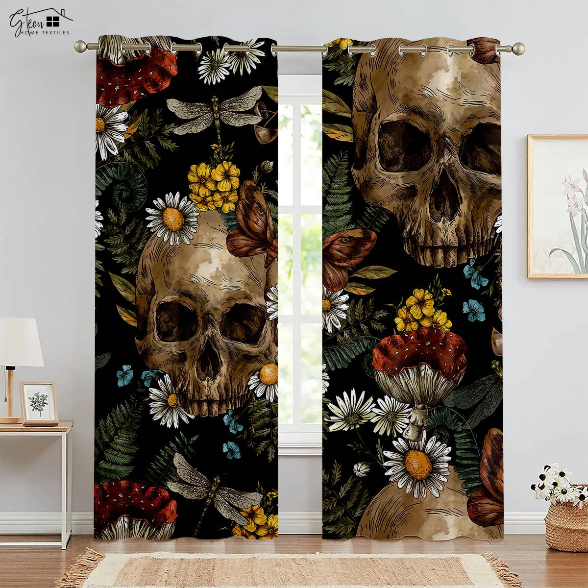 Halloween Christmas Skull Rose Curtains Retro Hippie Horror Tricky Secret Room Bar Bedroom Holiday Decoration Curtains 2PCS