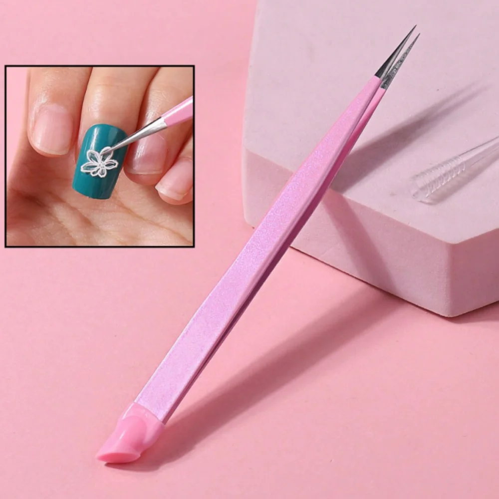 1 قطعة ملاقط فنية للأظافر الوردية اللامعة ، ملقط طرف مدبب عالي الدقة لاختيار ملصقات أحجار الراين الفنية للأظافر