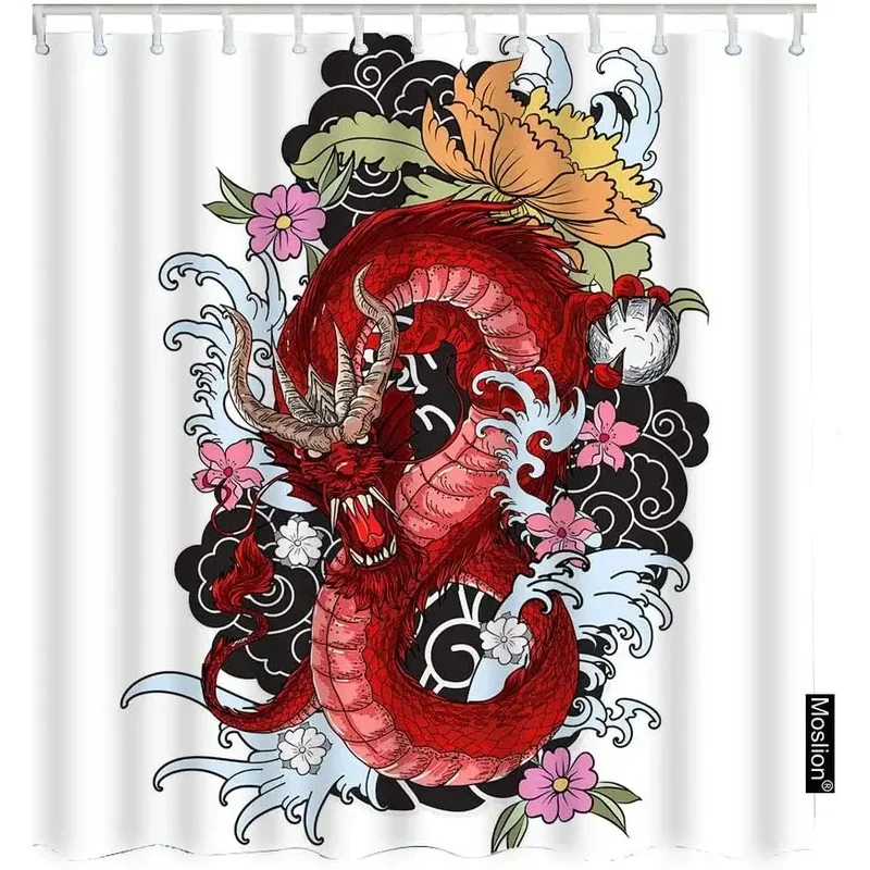 Dragon Chinese Traditional Asian Tattoo Hand Drawn Flower Culture Mascot Funny Shower Curtain