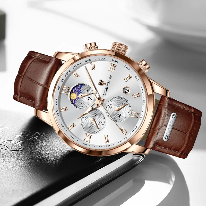 LIGE Men Watch Luxury Leather Waterproof Sport Quartz Wristwatch Chronograph Military Watch for Men Relogio Masculino Men‘s Gif