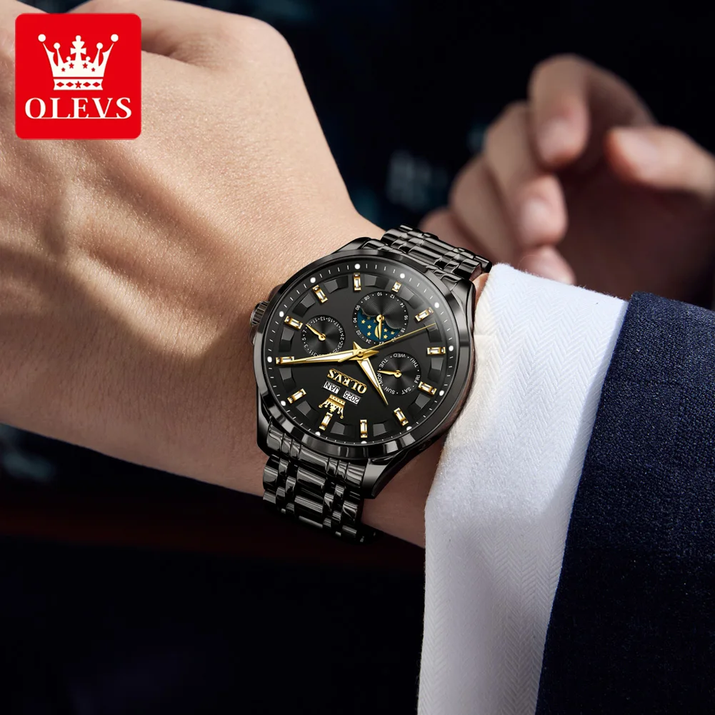 OLEVS 7070 Watch Man Original Mechanical Watch For Men Moon Phase Calendar Waterproof Fashion Automatic Hand Clock Steel Strap