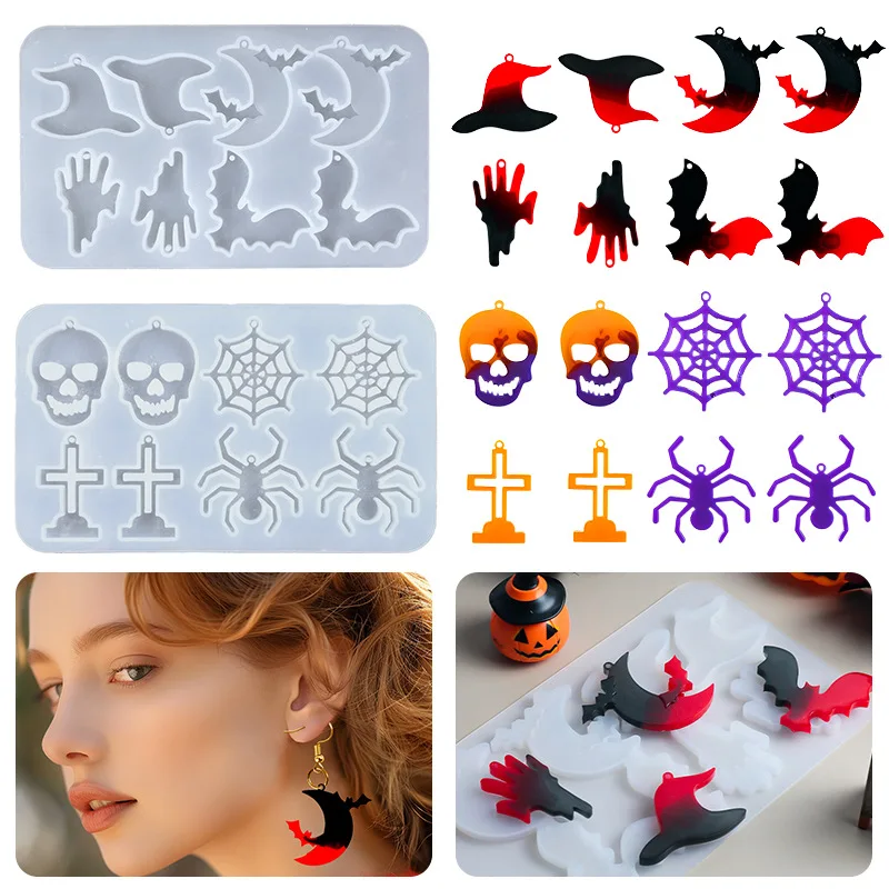 diy Halloween Epoxy Mold Skull Bat Cross Earrings Necklace Decorative Pendant Silicone Mold