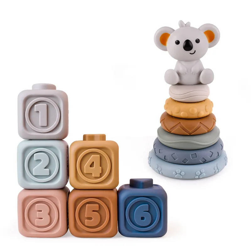 Silicone Building Blocks Soft Stacking Blocks Baby Grasp Toy 3D Touch Hand Construction Baby Massage Rubber Teethers Montessori