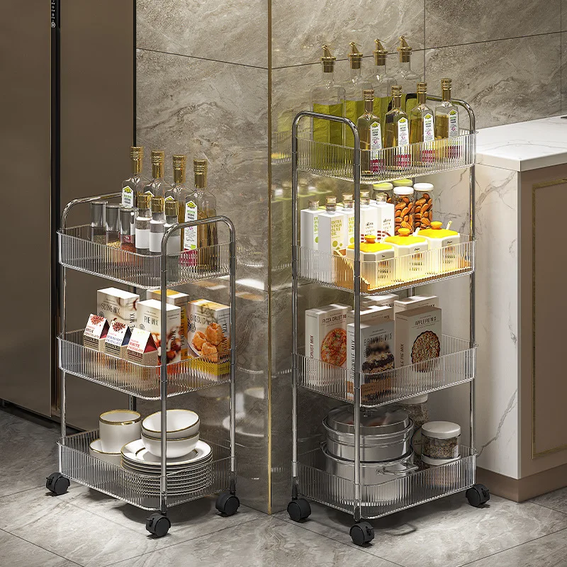 

Light luxury household kitchen transparent storage rack simple mobile trolley bathroom storage rack floor storage rack removable