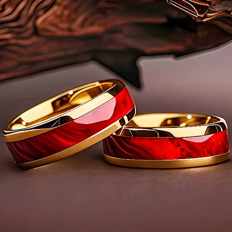 Paired Synthetic Red Opal Modern Wedding Ring Men's 8mm Stainless Steel golden Ring Fashion Accessory Romantic Gift