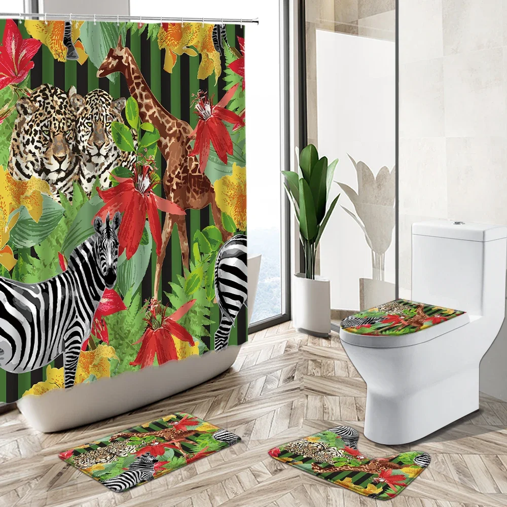 Jungle Animals Leopard Sloth Zebra Giraffe Shower Curtain Tropical Plant Scenery Non-Slip Pedestal Rug Toilet Cover Bathroom Set