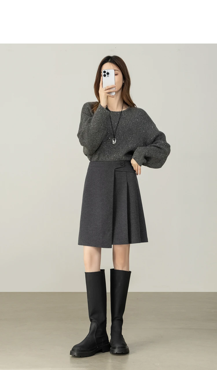 SENTUBILA Damen Kurzer A-Linien-Rock 2026 Winter Neuer Büro- und Freizeitrock mit Hoher Taille und Unregelmäßigem Saum, Einfarbiger Plissierter Rock 154QP3745 – Detail 5