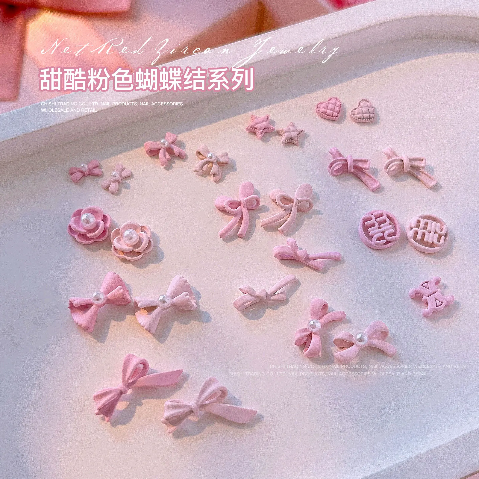 10PCS Pink Ribbon Alloy Bow Parts Nail Charms Mix-Style 3D Bowknot Nail Art Rhinestone Jewelry for DIY Manicure Decoration