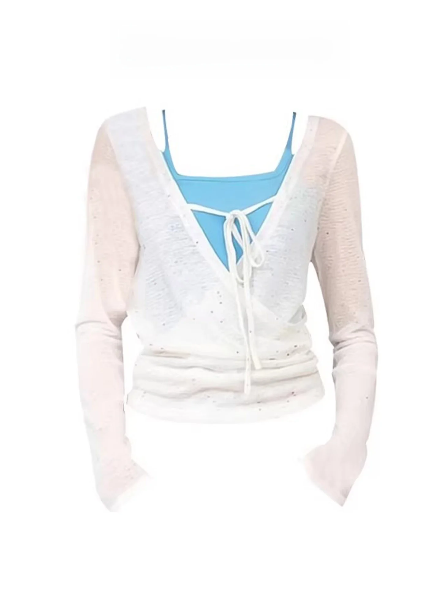 

Casual Versatile T-Shirt Set Women's Spring Summer Stripe Semi-Transparent Lightweight V-Neck Cover up Top Two-Piece Outfit