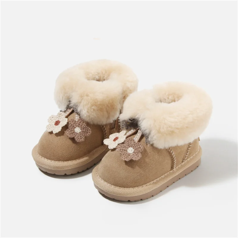 

Winter Baby Snow Boots 2025 New Flower Leather Design Thick Plush Warm Toddler Kids Shoes Fashion Little Girls Footwear Shoes