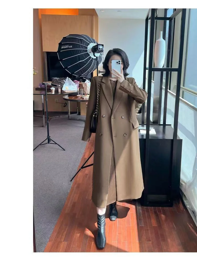 

Классическое женское длинное пальто Briti Sle, весенне-осеннее однотонное двубортное пальто маленького размера из полиэфирного волокна