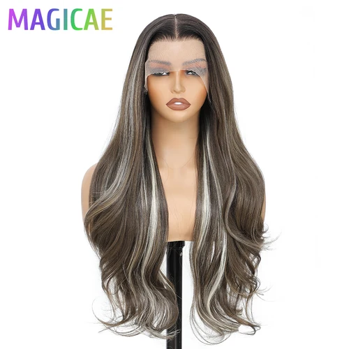 Imagen 2 del producto Pelucas frontales de encaje ondulado Magicae 13X4 30 pulgadas Ombre Marrón Rubio 613 #   Pelucas frontales transparentes resistentes al calor bio sintéticas