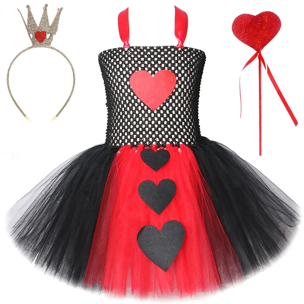 Alice Red Queen of Hearts Costumes for Girls Carnival Halloween Princess Dresses Outfit for Kids Fancy Clothes with Crown Wand