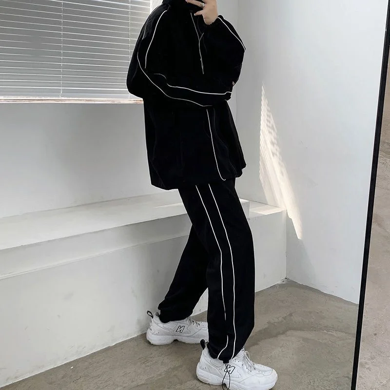 Ensembles de pantalons décontractés pour hommes, veste à col montant, manteau à manches longues rayé, haut décontracté, mode sportive, mode de rue,