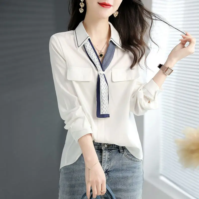 Elegant V-Neck Button Spliced All-match Lace Up Blouse Women\'s Clothing 2023 Spring New Casual Pullovers Loose Office Lady Shirt