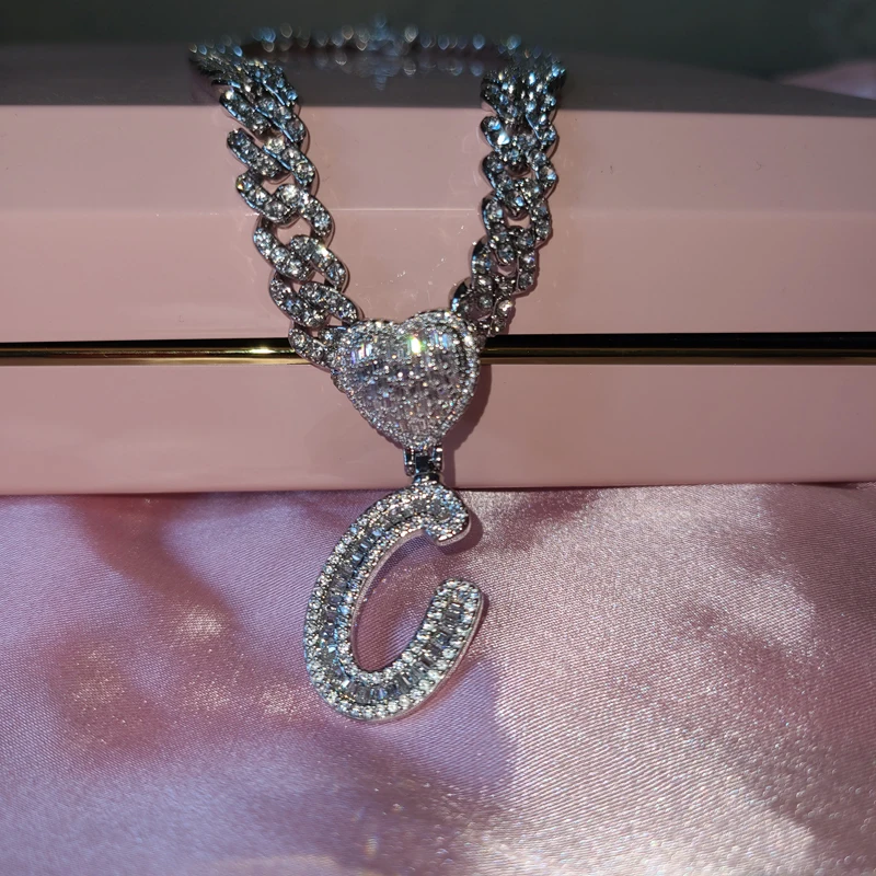 Iced Out Baguettecz Cubic Zirconia Initial Letter Pendant  with  Cuban Chain Necklace Hiphop Punk Jewelry For Gift