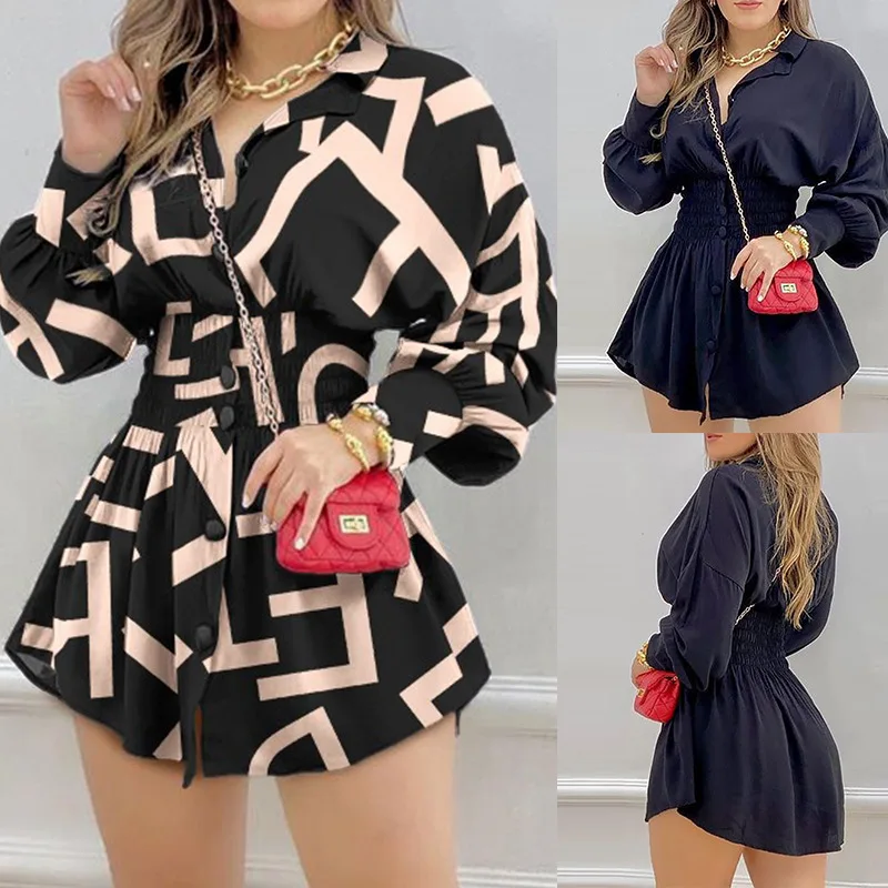 

Summer Spring New Women's Fashion Shirt Print Waist Pleated Long-sleeved Shirts Mini Dress Button Single Breasted