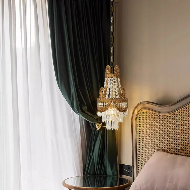 French Baroque Small Crystal Drop Lamp Chandelier European Luxury Royal Crown Bedside Cluster Pendant Light