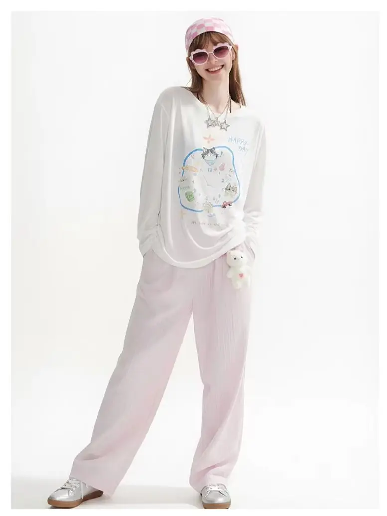Korean Style Cute Cat Clock Printed Long Sleeve T-shirt Fashionable Loose Thin Casual Top Spring Autumn New Women's Top 2026