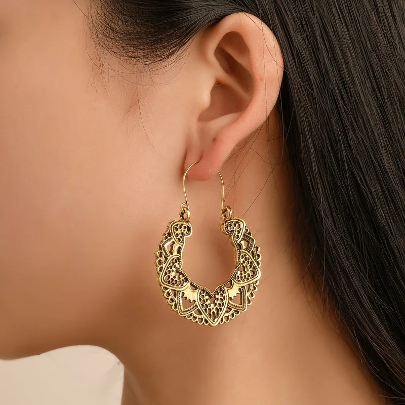 Vintage Antique Silver Color Carving Drop Earrings for Women Ethnic Piercing Hoop Earrings Party Jewelry 2023 New Trend Gifts