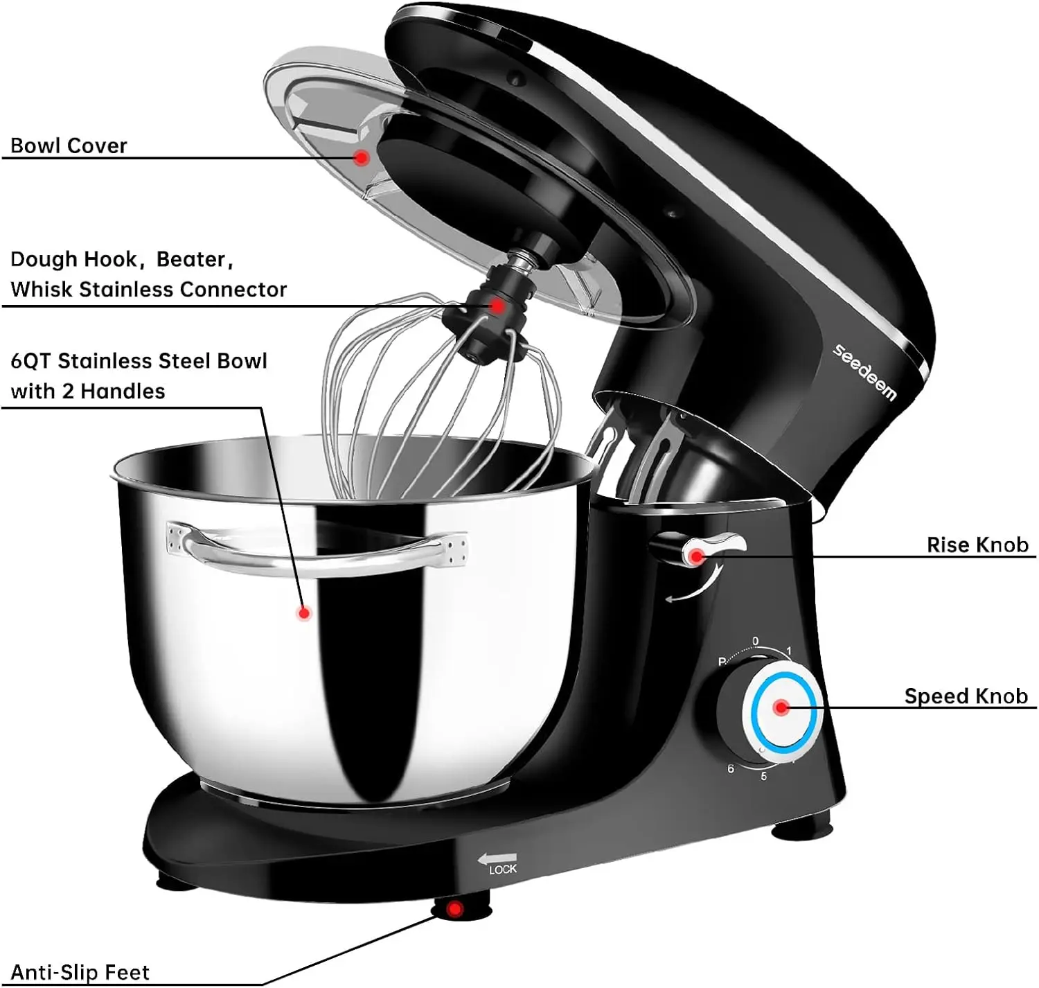 Stand Mixer, 6Qt Electric Food Mixer, 660W 6-Speeds Tilt-Head Dough Mixers with Dishwasher-Safe Dough Hook, Wire Whip, Black