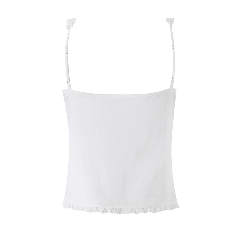 Women's White Lace Ruffle Summer Cami Top Front Tie Button Down Slim Romantic Camisole