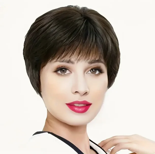 Women's Black Natural Short Straight Synthetic Wig, Mature Ladies Layered Pixie Cut Wig With Fringe Daily Hair Wig