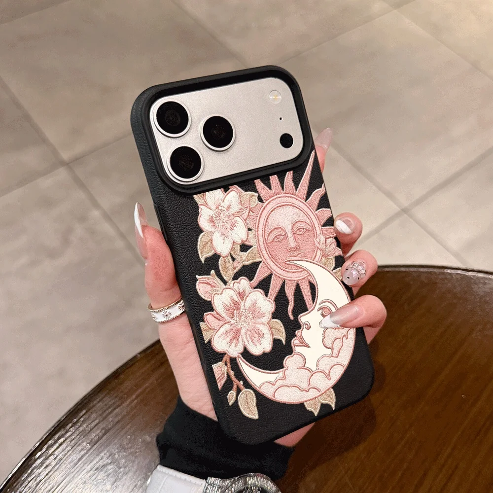 Embroidered Sun Moon Phone Case For iPhone 17 16 15 14 13 12 11 Pro Max 16 15 14 Plus 17 16 15 Pro 17Air XR Silicone Matte Cover