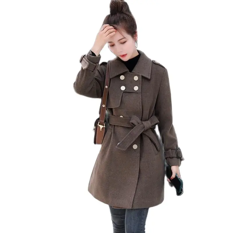 

Fashion Double-Breasted Woolen Coat Female Mid-Length Thicken Women's Autumn Winter Jacket 2023 New Korean Belt Outerwear