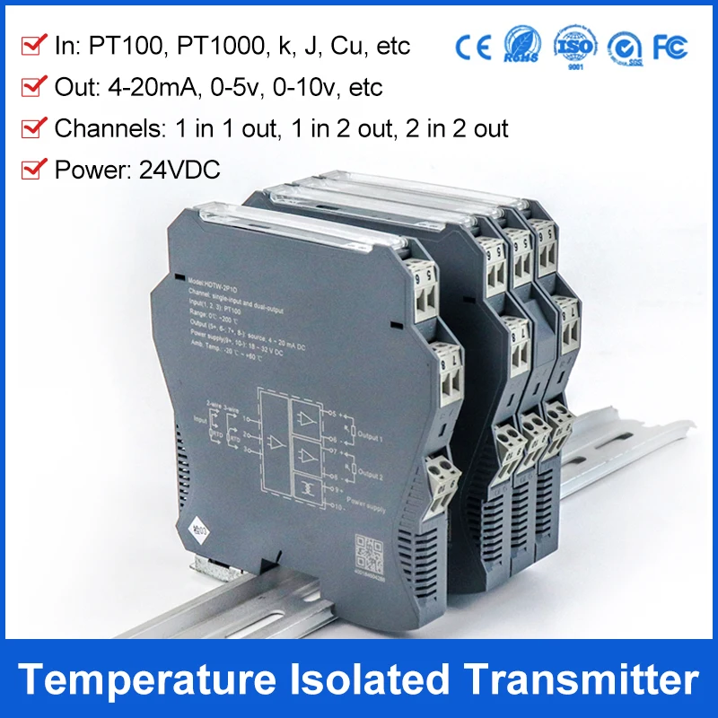 Hot sales PT100 To 4-20mA temperature converter K type thermocouple signal isolator DC 24V