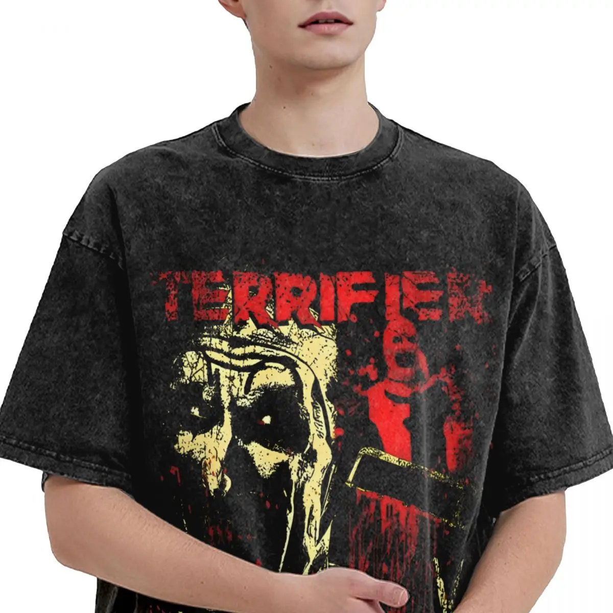 Mens T Shirt Terrifier Hallowen Horror Films Washed T Shirts Hippie Summer Tees Vintage Loose Cotton Tops Dropshipping