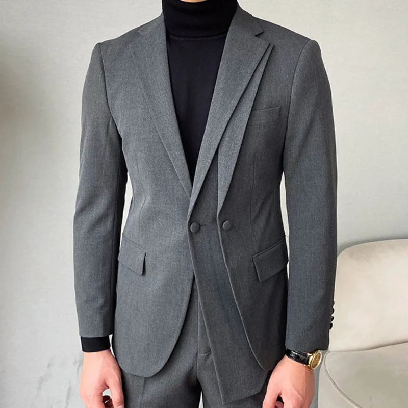 Luxury Business Suits For Men Stitching Double Collar Formal Casual Dress Suits 2 Pieces Elegant Slim Costume Homme Double Vent