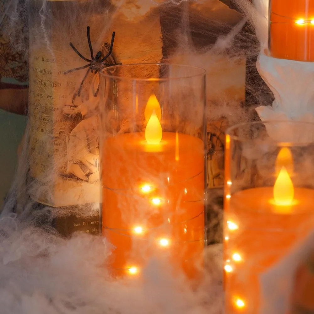 عديمة اللهب وامضة 3 × 4 5 6 شموع بلاستيكية شفافة برتقالية 11 مفتاحًا عن بعد مع أوتار خفيفة، مؤقت دورة يعمل بالبطارية LED Pa