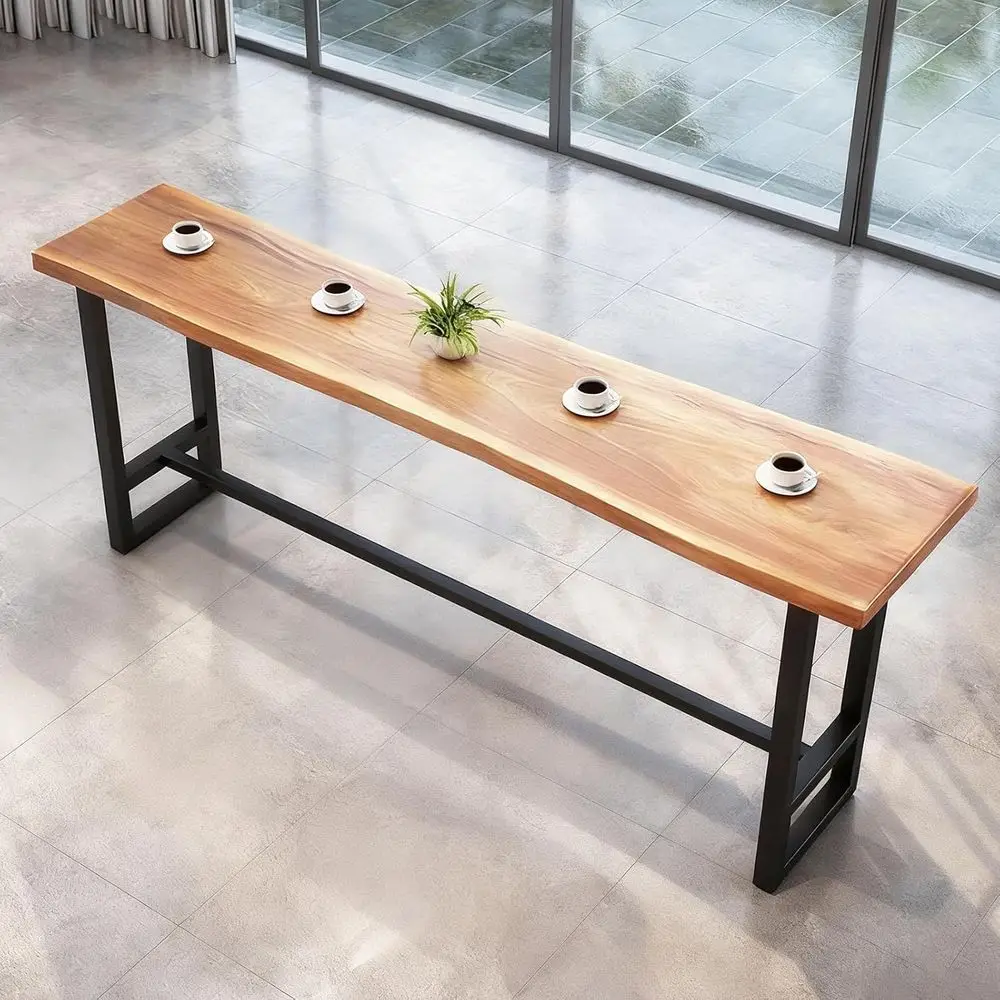 

Industrial Live Edge High Top Table with Natural Wood Grain and Metal Legs for Kitchen, Dining, or Bar Area