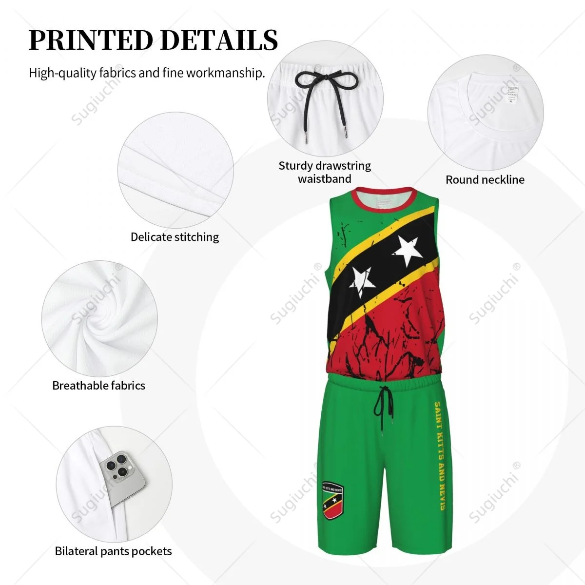 Team-Up Saint Kitts En Nevis Vlag Graan Heren Basketbal Jersey Set Shirt & Broek Mouwloze Aangepaste Naam Nunber Exclusief