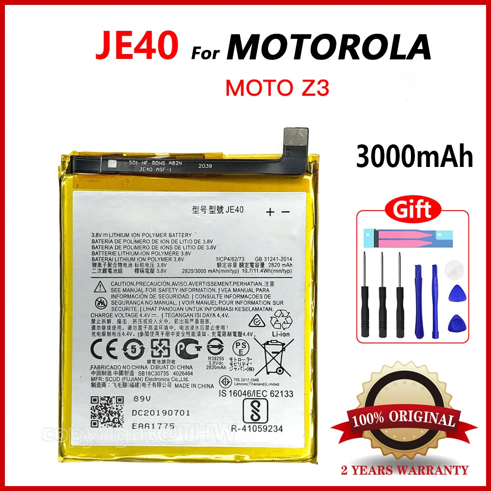 100% Original New 3000mAh 11.4Wh JE40 Phone Rechargeable Battery For Motorola Moto Z3 JE40 Batterie Bateria Batterij batteries